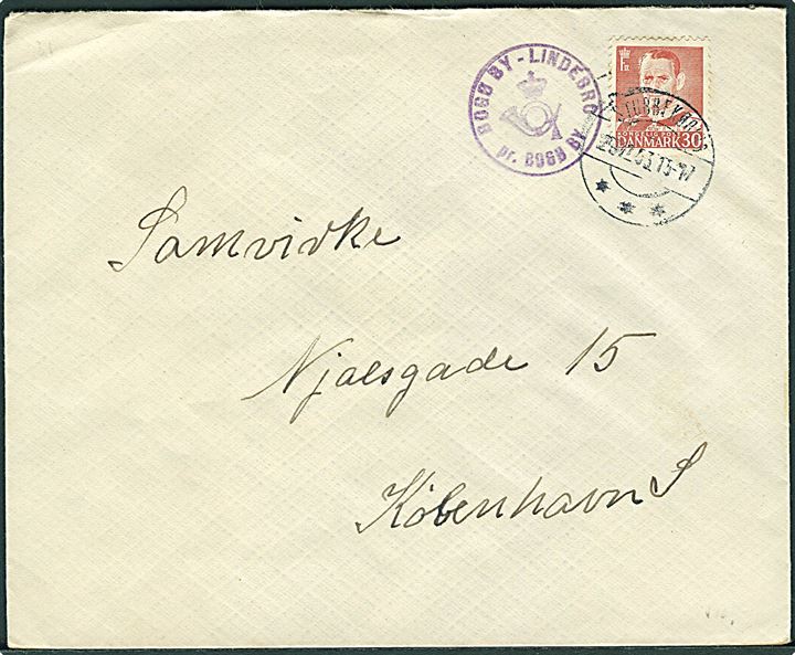 30 øre Fr. IX på brev stemplet Stubbekøbing d. 29.12.1953 og sidestemplet med posthornstempel BOGØ BY - LINDEBRO pr. BOGØ BY til København.
