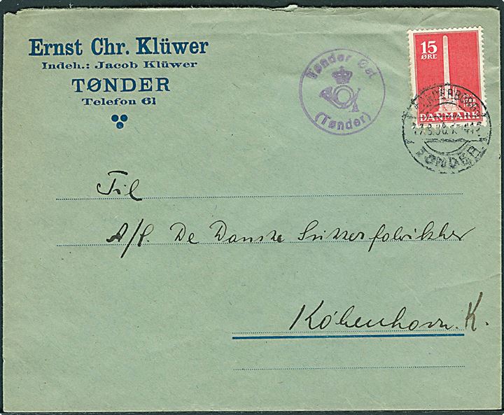 15 øre Stavnsbåndet på brev annulleret med uldent bureaustempel Tønder - Sønderborg d. 17.8.1938 og sidestemplet med posthornstempel Tønder Øst /Tønder) til København.
