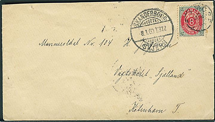 8 øre Tofarvet på brev annulleret med stjernestempel MOSELUND og sidestemplet Skanderborg - Skjern T.312 d. 8.1.1900 til marinesoldat ombord på Vagtskibet Sjælland, Kjøbenhavn T.