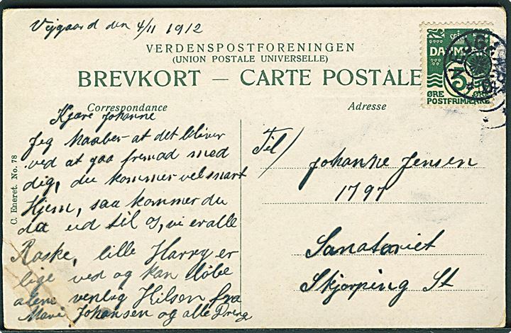 5 øre Bølgelinie på brevkort dateret d. 4.11.1912 annulleret med stjernestempel VEJGAARD til Skørping.
