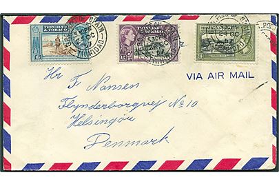 6 c., 12 c. og 24 c. på luftpostbrev fra G.P.O. Port of Spain Trinidad d. 24.10.1957 til Helsingør, Danmark.