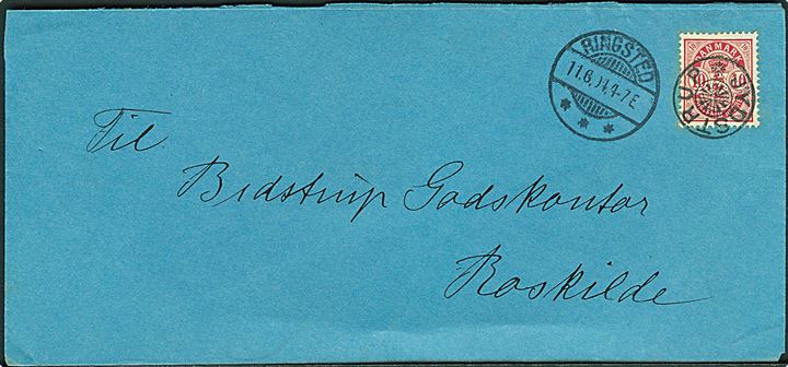 10 øre Våben på brev annulleret med stjernestempel JYDSTRUP og sidestemplet Ringsted d. 11.6.1904 til Roskilde.