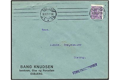 15 øre violet Chr. X på brev med forretningspapirer fra Esbjerg d. 16.10.1923 til Tirstrup. Mærket med perfin B28 - Bang Knudsen. Brevet rykker brugsperioden med over 2 år.