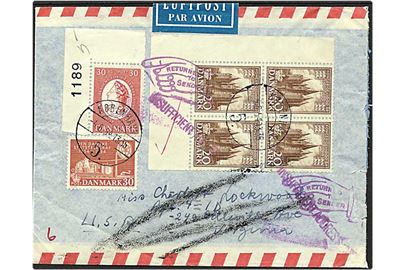 1 kr. porto på luftpost brev fra København d. 4.6.1954 til Virginia, USA. Brevet er returneret.