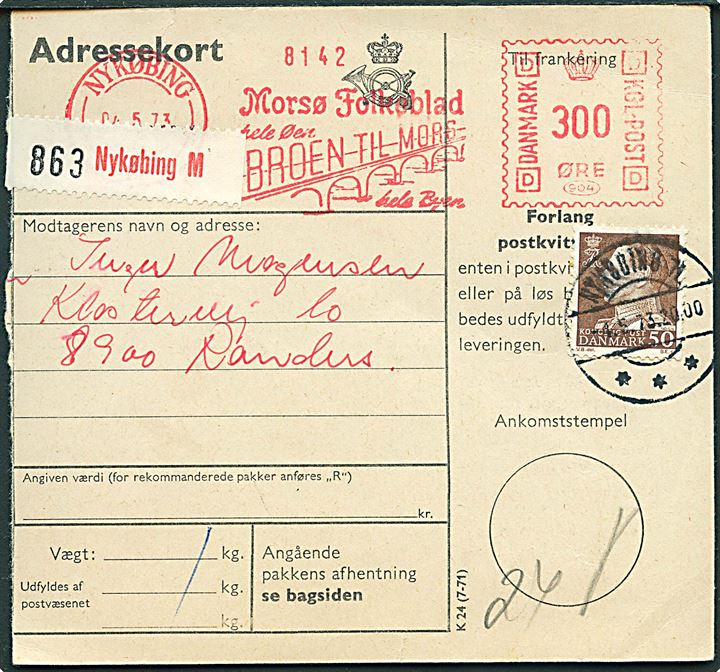 300 øre illustreret firmafranko Broen til Mors fra Morsø Folkeblad opfrankeret med 50 øre Fr. IX på adressekort for pakke fra Nykøbing M d. 4.5.1973 til Randers.