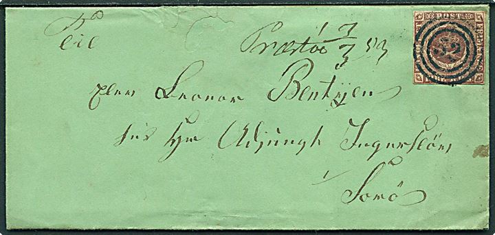 4 R.B.S. Thiele II rødbrun på brev annulleret med nr.stempel 52 og håndskrevet Præstoe d. 7.3.1853 til Sorø. Mindre skade på forsiden. Håndskrevet bynavn Præstoe kendes anvendt i dagene 5.-15.3.1853. Daka: 3800,-