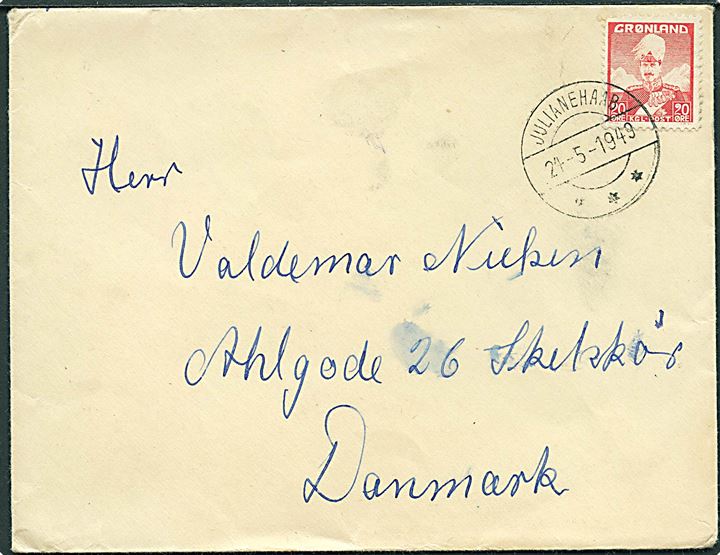20 øre Chr. X på brev fra Julianehaab d. 24.5.1949 til Skelskør.