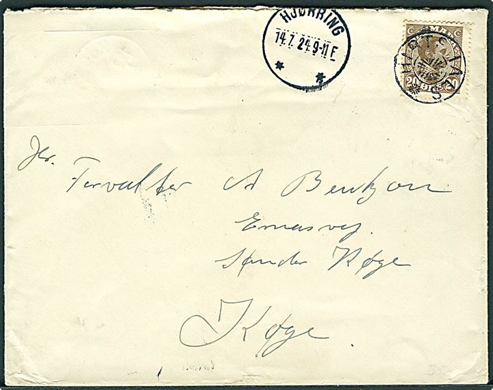 20 øre Chr. X på brev annulleret med stjernestempel HIRTSHALS og sidestemplet Hjørring d. 14.7.1924 til Køge. 