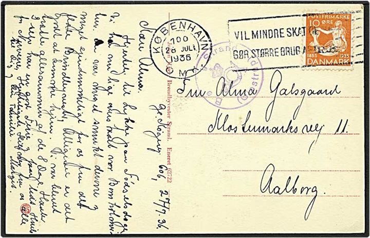 10 øre orange H.C. Andersen på postkort fra Brøndby Strand d. 28.7.1936 til Aalborg. Brøndby Strand / (Glostrup) posthornsstempel, der mangler et par bogstaver i stemplet, sansynligvis pga af en skade af stemplet!