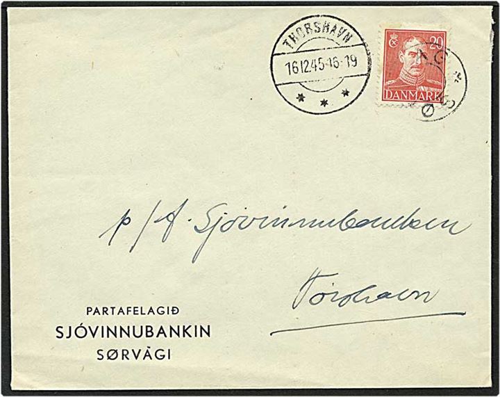 20 øre rød Chr. X på brev fra Sørvaag d. 16,12,1945 til Thorshavn. Sørvaag stjernestempel.