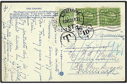 1 cernt grøn på postkort fra USA til København d. 21.8.1931. Kortet sat i porto md 10 centimes og påsat 10 øre grøn portomærke.