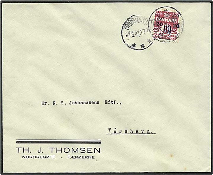 20/5 øre vinrød bølgelinie på brev fra Gøtagjov d. 7.5.1941 til Tórshavn. Gøtagjov stjernestempel.