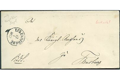 1857. Ufrankeret tjenestebrev med antiqua Eckernförde s. 23.1.1857 til Flensburg. På bagsiden stort laksegl.