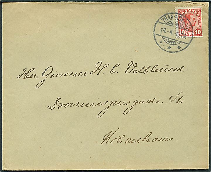 10 øre Chr. X på brev annulleret med brotype Ig Trangisvaag d. 14.4.1914 til København.