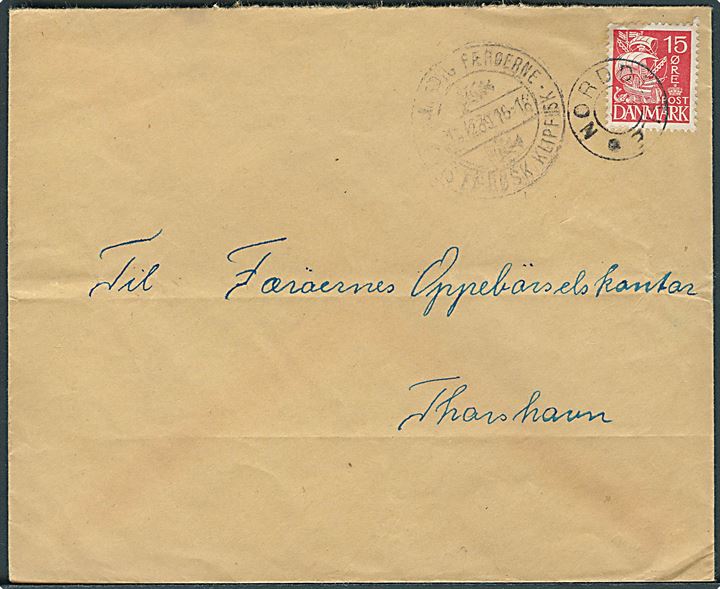 15 øre Karavel på brev annulleret med udslebet stjernestempel NORDDEBLE og sidestemplet med klipfiskstempel fra Klaksvig Færøerne d. x.12.1939 til Thorshavn. SK: 1500,-