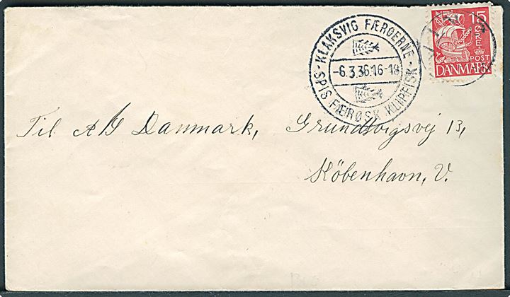 15 øre Karavel på brev annulleret med udslebet stjernestempel SVINØ og sidestemplet med klipfiskstempel i Klaksvig Færøerne d. 6.3.1936 til København. Signeret Dr. Debo BPP.