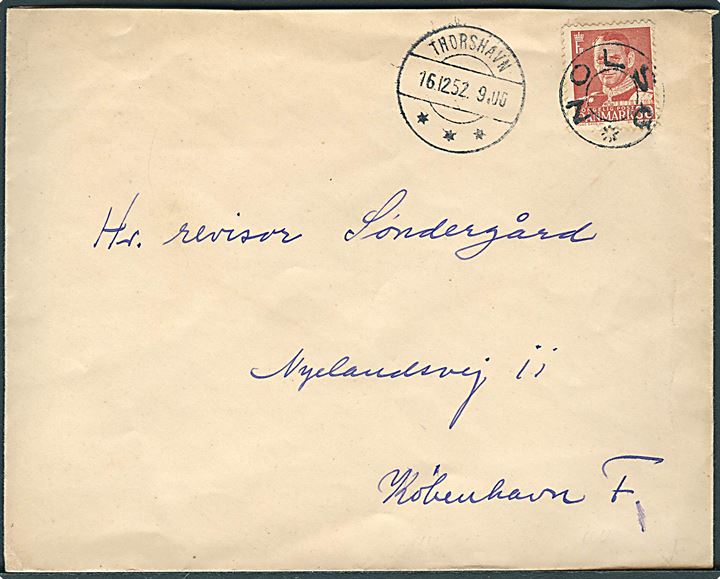 30 øre Fr. IX på brev annulleret med udslebet stjernestempel NOLSØ og sidestemplet Thorshavn d. 16.12.1952 til København.