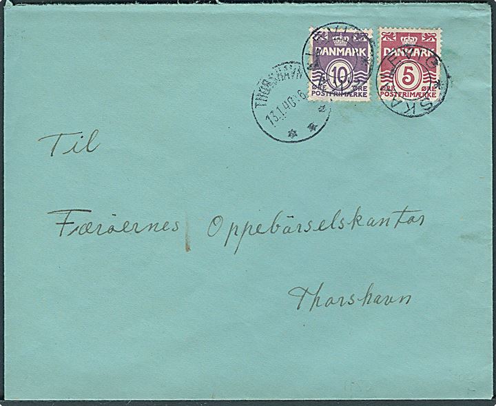 5 øre og 10 øre Bølgelinie på brev annulleret med udslebet stjernestempel SKAALEVIG og sidestemplet Thorshavn d. 13.1.1940 til Thorshavn.