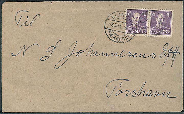 10 øre Chr. X i parstykke på brev annulleret med udslebet stjernestempel GJOV og sidestemplet brotype IIc Klaksvig Færøerne d. 6.10.1945 til Thorshavn.