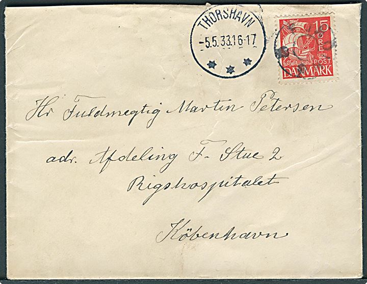 15 øre Karavel på brev annulleret med udslebet stjernestempel FUNDING og sidestemplet Thorshavn d. 5.5.1933 til København.