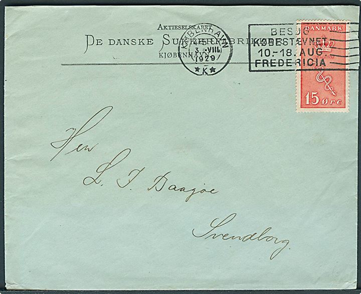 15+5 øre Kræftmærke på brev fra København d. 3.8.1929 til Svendborg.
