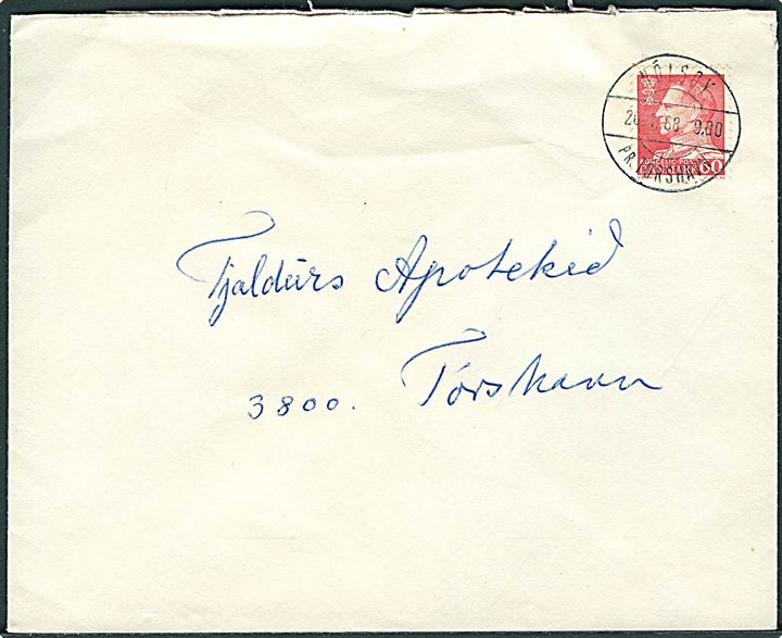 60 øre Fr. IX på brev annulleret med pr.-stempel Nólsoy pr. Tórshavn d. 20.1.1968 til Tórshavn.