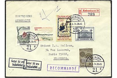 4,40 kr. porto på Rec. brev fra København d. 24.6.1974 til Paris, Frankrig. Rammestempel Gebyr 50 øre indbefattet.