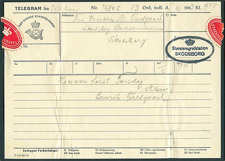 Den danske Statstelegraf telegramformular T.3 (2-42 C5) med meddelelse fra København d. 7.6.1943 til Skodsborg Badesanatorium. Ovalt stempel (krone)/Statstelegrafstation Skodsborg.