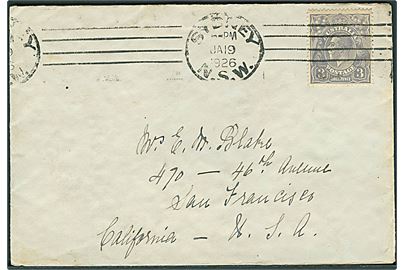 3d George V single på brev fra Sydney N.S.W. d. 19.1.1926 til San Francisco, USA.