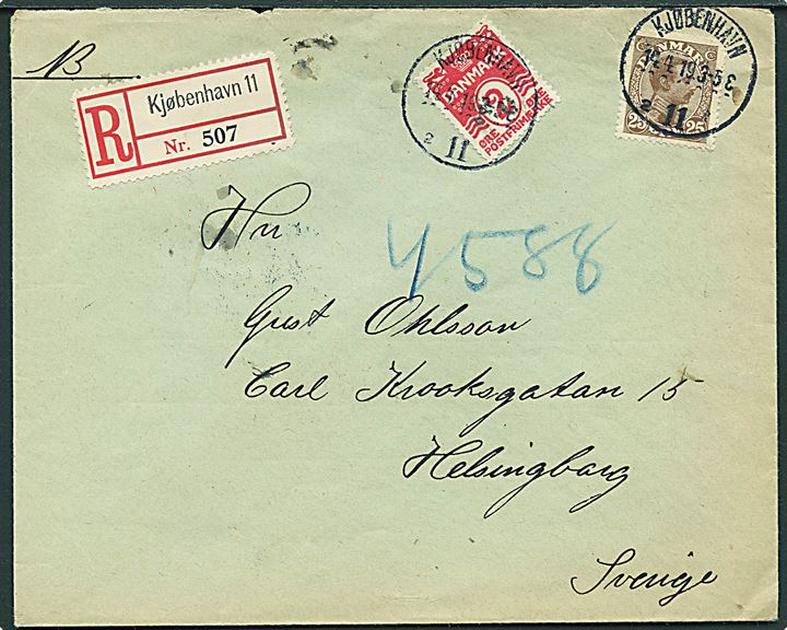 2 øre Bølgelinie og 25 øre Chr. X på 27 øre frankeret anbefalet brev fra Kjøbenhavn III d. 14.4.1919 til Helsingborg, Sverige.