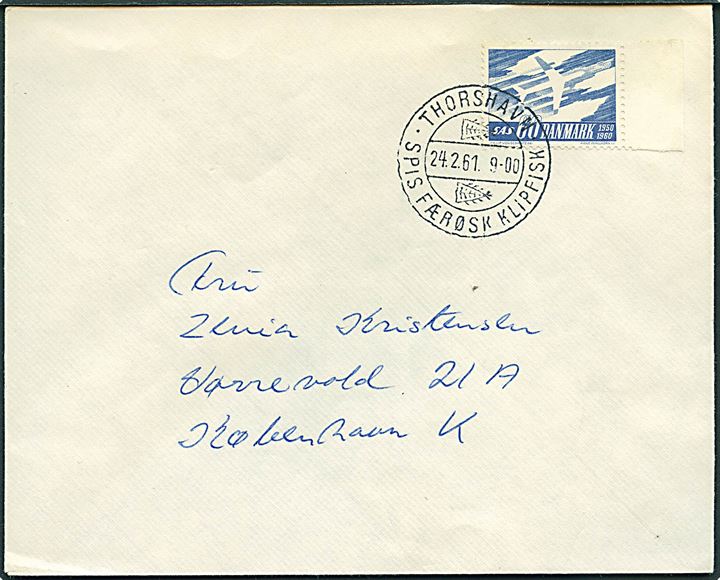 60 øre SAS på brev annulleret med vanskeligt brotype VIId klipfisk stempel Thorshavn d. 24.2.1961 til København. Daka: 1000,-