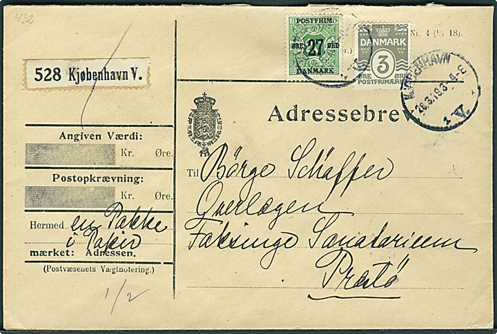 3 øre Bølgelinie og 27/20 øre Provisorium på adressebrev for pakke fra Kjøbenhavn d. 28.3.1919 til Præstø.