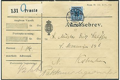 27/5 øre Provisorium single på adressebrev for pakke fra Præstø d. 24.10.1918 til København. Påskrevet Afs. F.