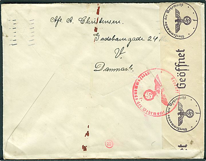 10 øre Bølgelinie (4) på brev fra København d. 16.8.1941 til sømand ombord på S/S Clara via rederi i København - eftersendt til Kiel-Holtenau, Tyskland. Åbnet af tysk censur i Hamburg.