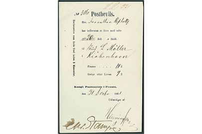 Postbeviis fra Præstø Postkontor for afsendelse af værdibrev d. 31.12.1861 til Kjøbenhavn.