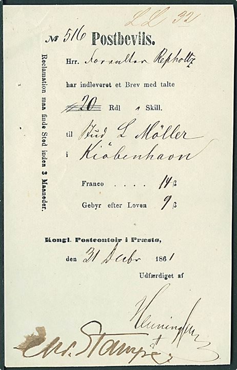 Postbeviis fra Præstø Postkontor for afsendelse af værdibrev d. 31.12.1861 til Kjøbenhavn.