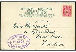 10 öre Posthorn ustemplet på brevkort (Nordkap) med ovalt sidestempel Nordkap * Kong Harald * d. 22.7.1906 til London, England.
