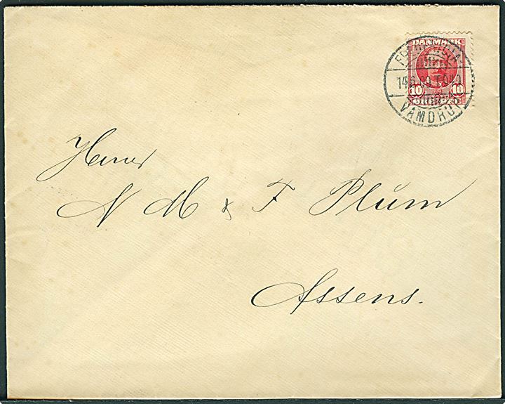 10 øre Fr. VIII på brev annulleret med bureaustempel Fredericia - Vamdrup T.940 d. 14.6.1909 til Assens.
