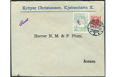 10 øre Fr. VIII og Julemærke 1910 på firmakuvert fra Kjøbenhavn d. 27.12.1910 til Assens.