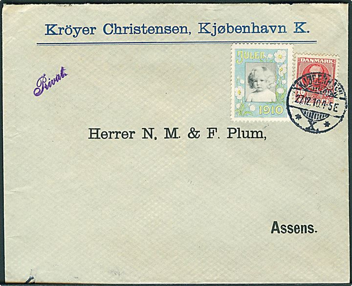 10 øre Fr. VIII og Julemærke 1910 på firmakuvert fra Kjøbenhavn d. 27.12.1910 til Assens.