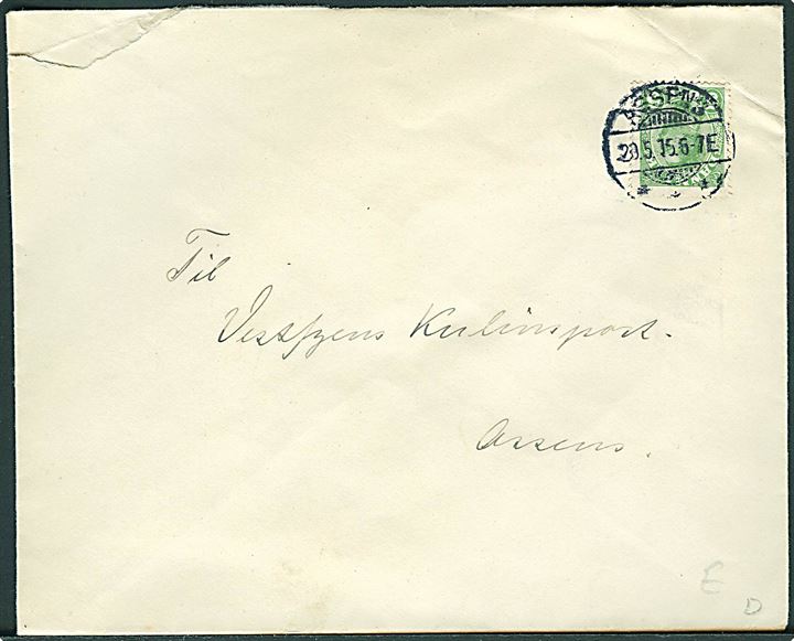 5 øre Chr. X på lokalbrev i Assens d. 20.5.1915. På bagsiden afs.-stempel Opmaalingsskibet Krieger
