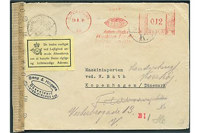 12 pfg. firmafranko på Düsseldorf d. 8.8.1944 til København, Danmark. Påsat gul meddelelse vedr. korrekt adresse. Åbnet af tysk censur i Hamburg.