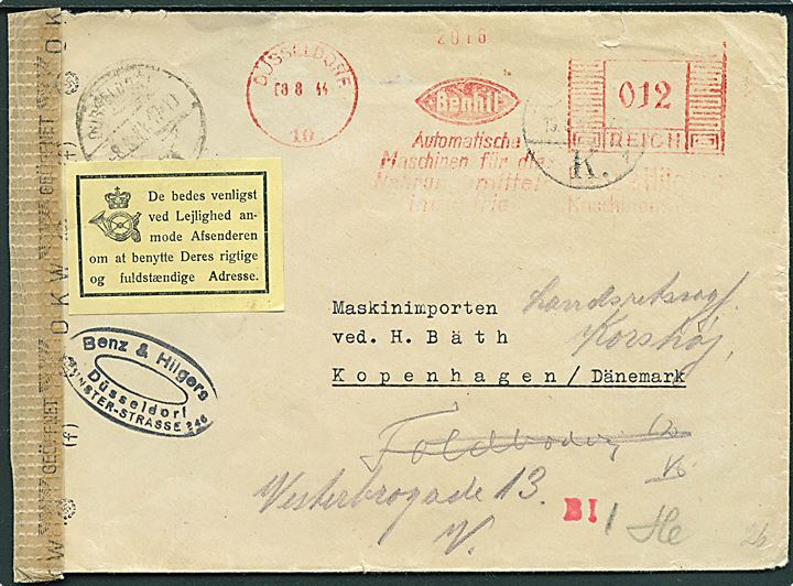 12 pfg. firmafranko på Düsseldorf d. 8.8.1944 til København, Danmark. Påsat gul meddelelse vedr. korrekt adresse. Åbnet af tysk censur i Hamburg.