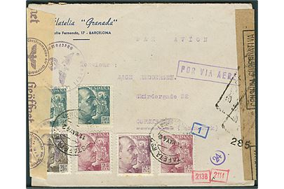 3.75 pts. frankeret luftpostbrev fra Barcelona d. 11.5.1942 til København, Danmark. Åbnet af spansk censur i Barcelona og tysk censur i München.