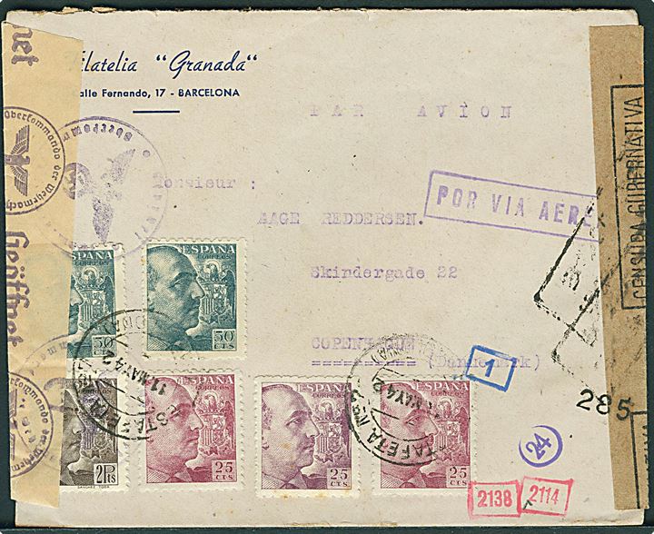 3.75 pts. frankeret luftpostbrev fra Barcelona d. 11.5.1942 til København, Danmark. Åbnet af spansk censur i Barcelona og tysk censur i München.