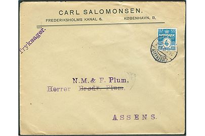 4 øre Bølgelinie med perfin 39 på firmakuvert fra Carl Salomonsen sendt som tryksag fra Kjøbenhavn d. 26.11.1915 til Assens