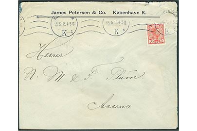 10 øre Chr. X med perfin K.T.  (A/S Københavns Trælasthandel) på firmakuvert fra James Petersen & Co. i Kjøbenhavn d. 15.5.1915 til Assens.