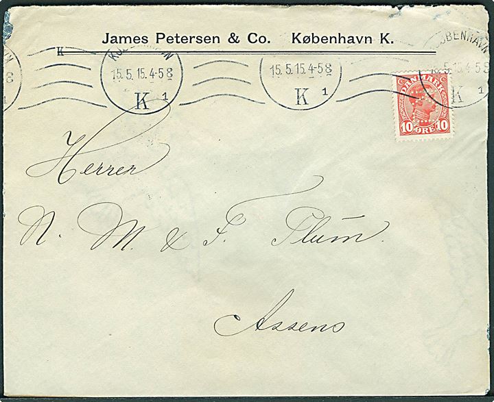 10 øre Chr. X med perfin K.T.  (A/S Københavns Trælasthandel) på firmakuvert fra James Petersen & Co. i Kjøbenhavn d. 15.5.1915 til Assens.