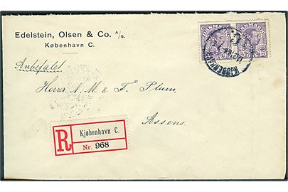 15 øre Chr. X i parstykke med perfin E. O. & C. på anbefalet brev fra Edelstein, Olsen & Co. d. 12.12.1919 til Assens.