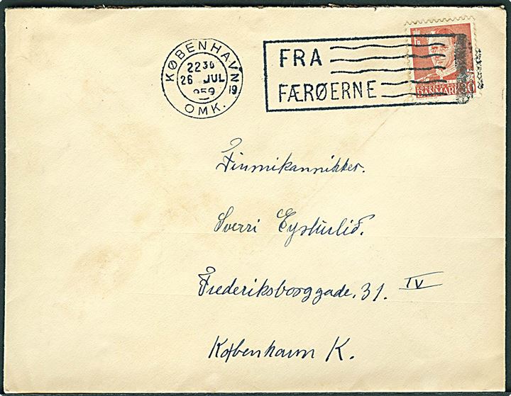 30 øre Fr. IX på brev annulleret med skibs TMS København OMK. 19 / Fra Færøerne d. 26.7.1959 til København.